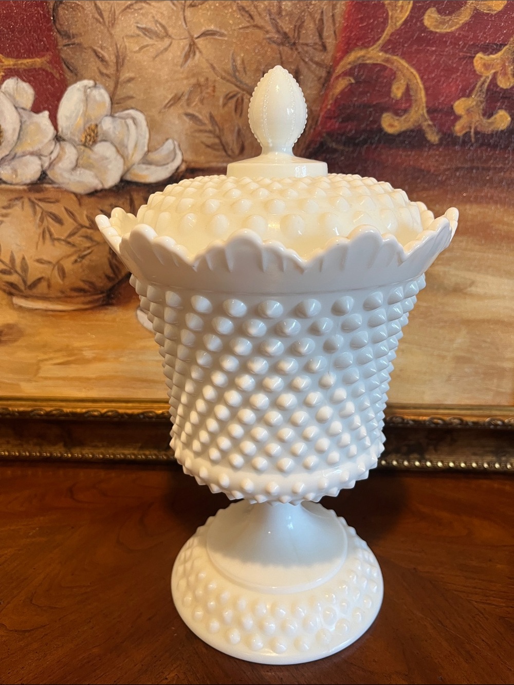 VTG Large Fenton Hobnail Milk Glass Apothecary Jar with Lid Footed Urn Canister